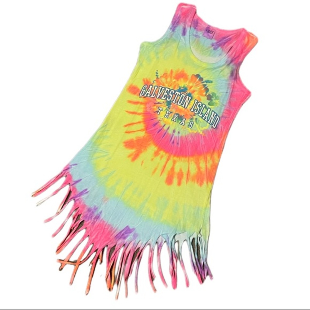 Galveston Island Texas Colorful Rainbow Tie Dye Fringe Long Tank Top FITS SMALL